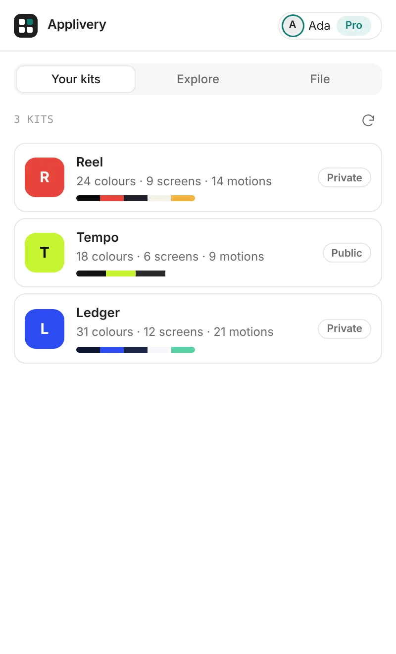 Your kits in the plugin, each in its app's colours
