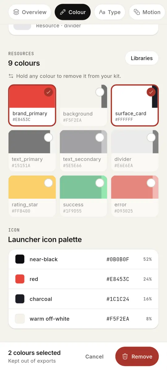 Holding colours to take them out of a kit