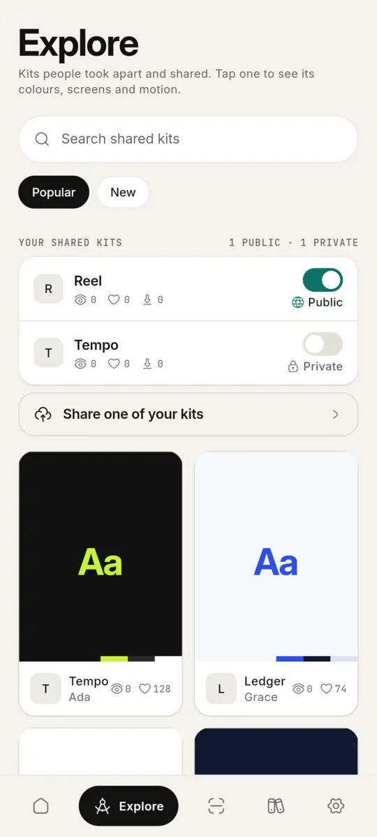 Your shared kits, public or private, with views and likes