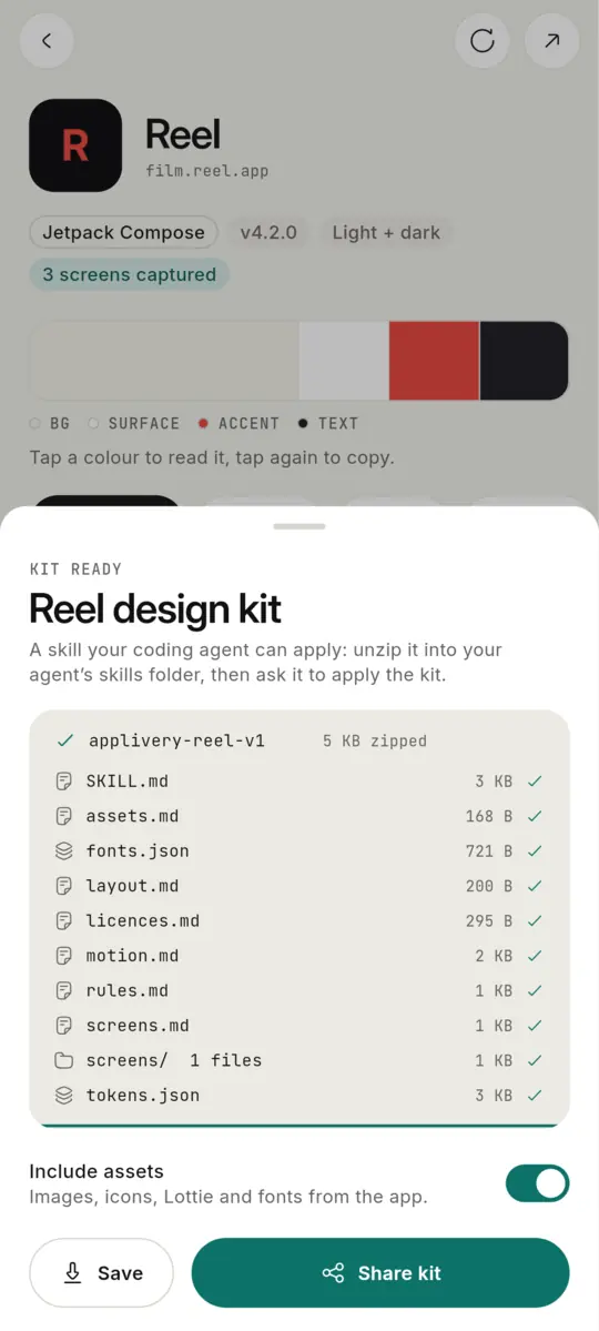 Exporting a kit: the skill your coding agent applies