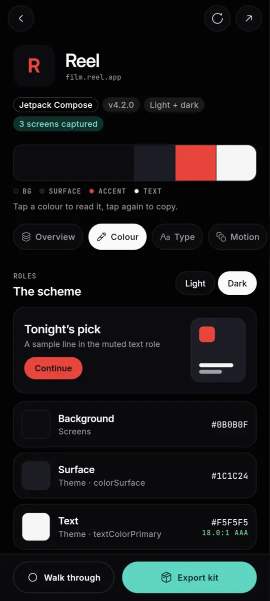 A kit's colours in dark mode