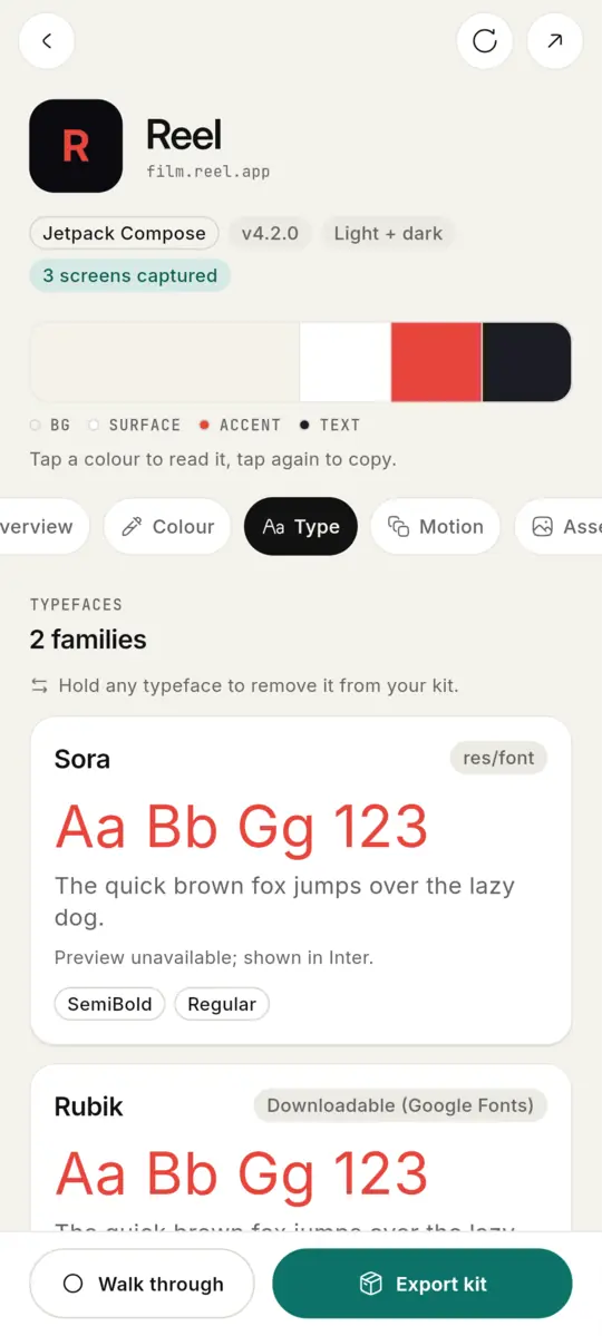 A kit's typefaces, set in the app's own font files